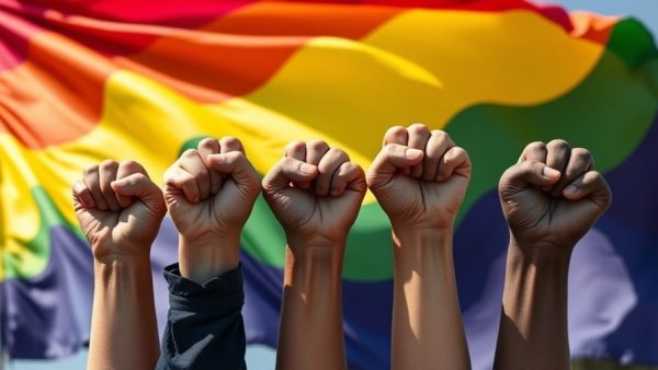 Raised fists against a rainbow flag representing LGBTQ equality campaign.