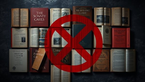 LGBTQ+ books shown with a red cross indicating a ban.