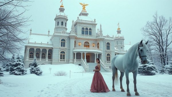Ornate snow-covered castle with woman and horse, fairy-tale winter scene.