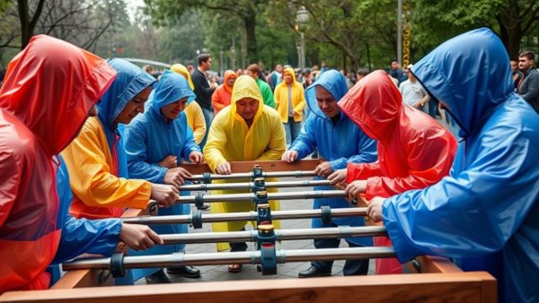 Ontario human foosball record attempt in rainy weather.