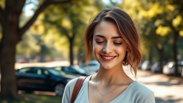 Confident young woman in park under warm sunlight, related to transgender rights news.