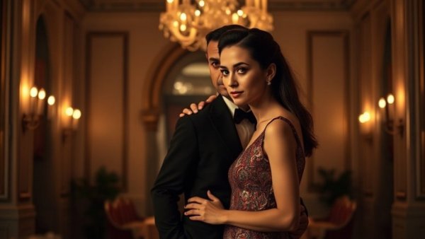 Elegantly posed couple attending event in formal attire