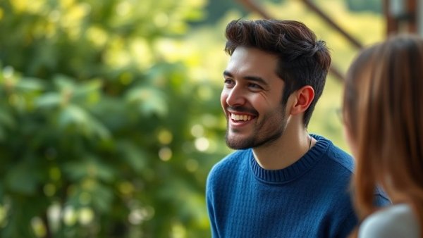Smiling person discussing transgender rights news outdoors.