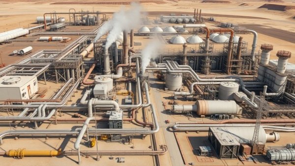 Industrial facility of Alberta carbon capture project with pipes and steam.