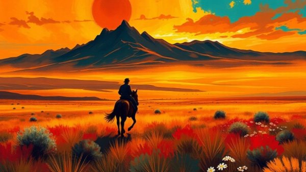 Atmospheric digital artwork of a rider in a fiery landscape.
