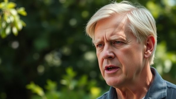 Serious middle-aged man speaking outdoors, Trump Heart Issue.