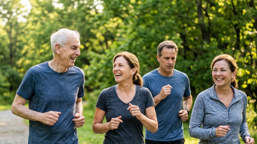 A group of mature folks enjoying a bike ride outdoors.