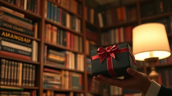 stylish Novas Wish gift, excitement, being admired, photorealistic, beside a towering bookshelf filled with books, highly detailed, dust motes in the light, high contrast, rich jewel tones, soft lighting from a nearby lamp, shot with a macro lens.
