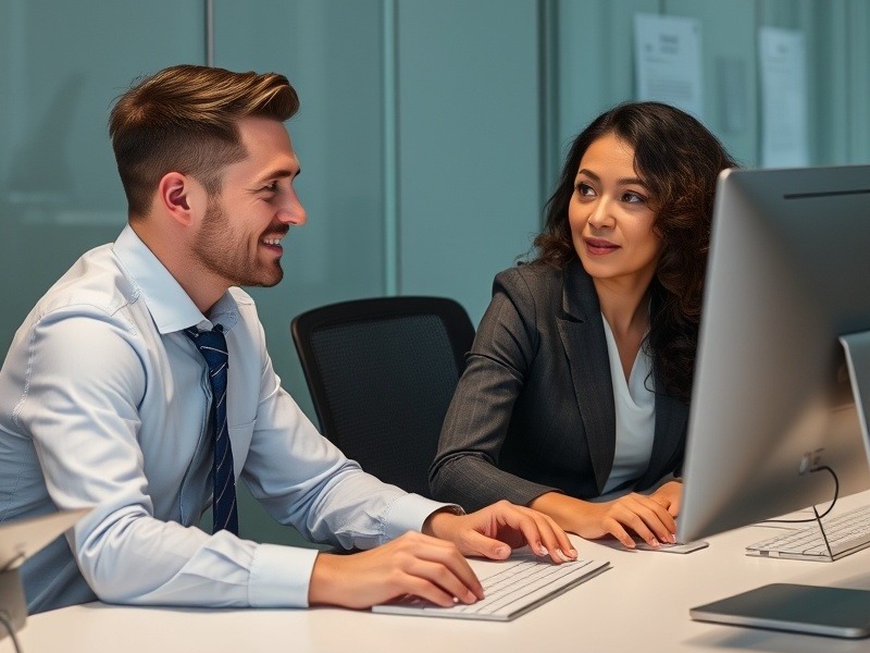 Two business people engaged in computer training for professional development.