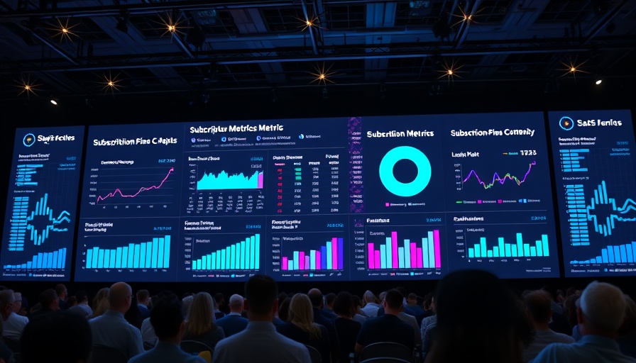 Massive digital display with SaaS subscription metrics graphs and data.