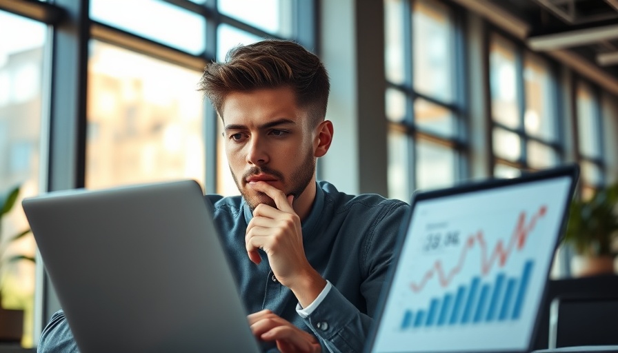 Young man studying financial graphs on a laptop in a modern office.
