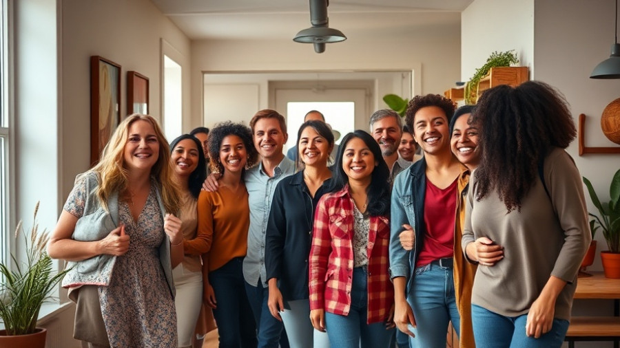 Joyful people entering a room with upcycled furniture.