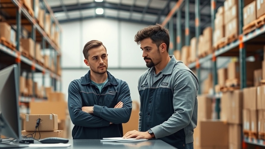 Warehouse workers reviewing inventory management software documentation.