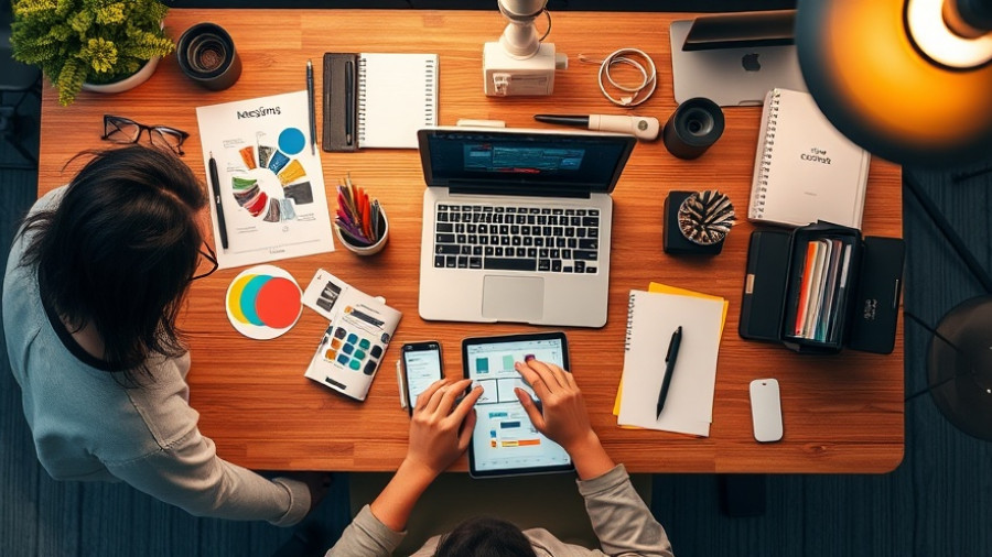 Creative workspace with brand design tools and color swatches.