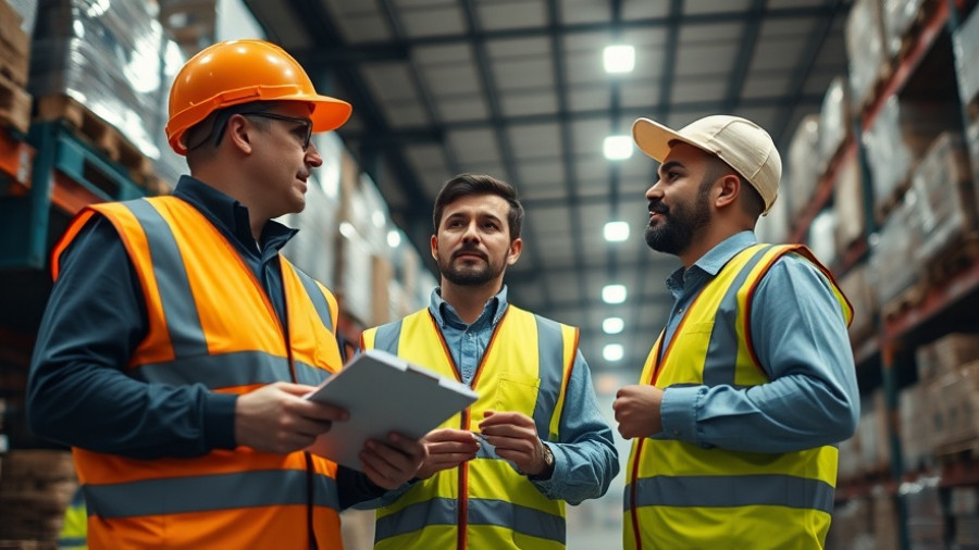 Warehouse workers discussing service inventory management.