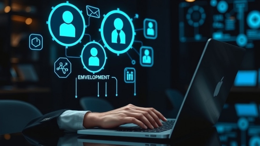 Professional using laptop with digital employee development tools icons overlay.