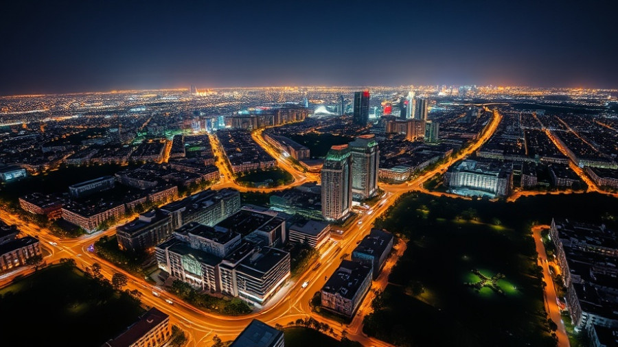 Urban night sky place with illuminated cityscape and streetlights.