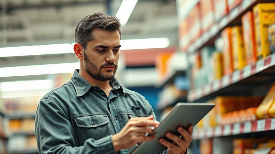 Retail worker checking inventory with tablet in store setting.