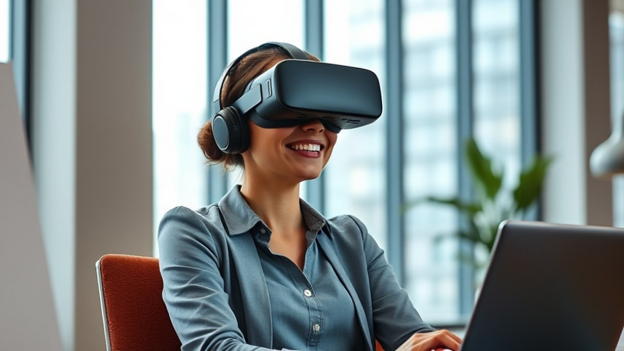 Woman using VR headset for employee training in a modern office.