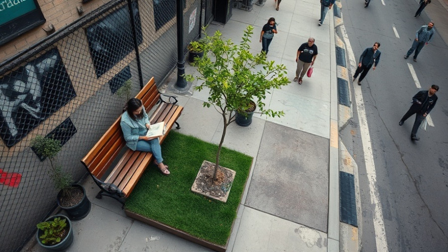 Small urban parklet with a bench and tree on a street, showcasing tactical urbanism.