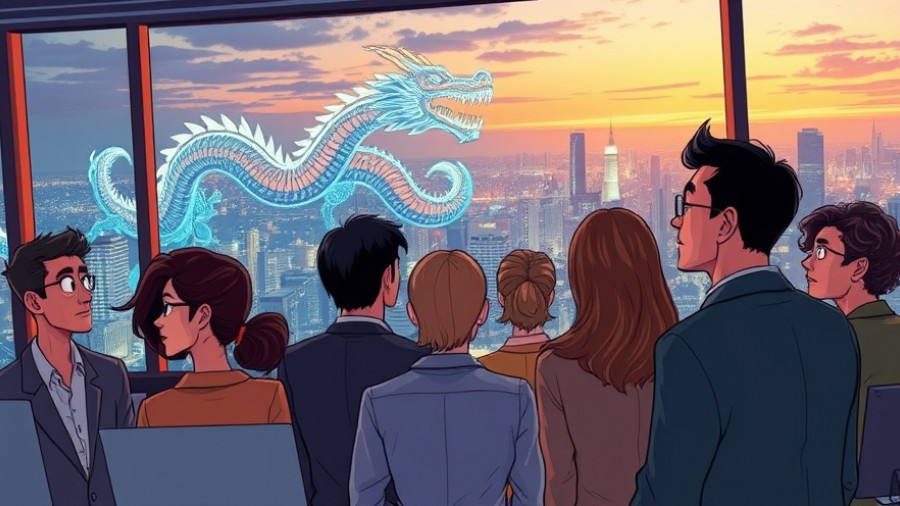 Silicon Valley workers observing digital dragon in skyline, China envy.