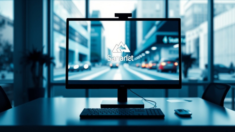 Modern office desk setup with computer and blurred screen.