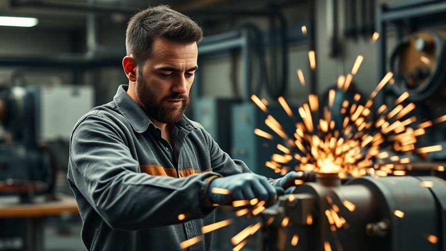 Industrial worker using cutting machine in workshop, sparks flying.