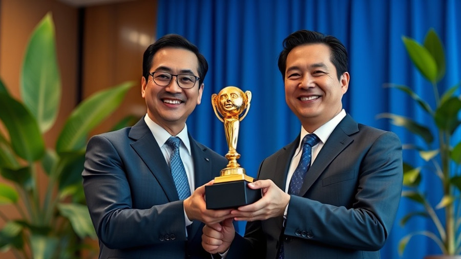 Executives receiving award at corporate event, defend free enterprise