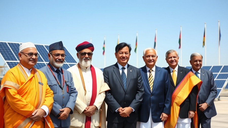 Officials at gigascale renewable energy project launch, solar panels, flags.