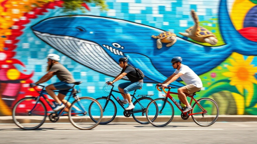 Cyclists riding past colorful mural, showcasing transportation policy challenges.