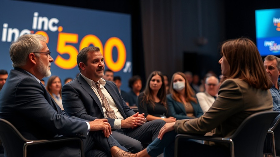 Two professionals discussing leadership on stage with Inc. 5000 backdrop.
