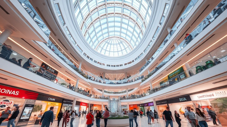 Modern shopping mall with natural lighting, malls as climate shelter.