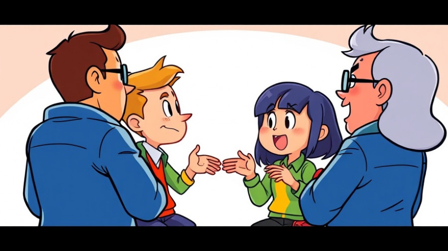 Cartoon characters discussing with expressive gestures, highlighting clear expectations.