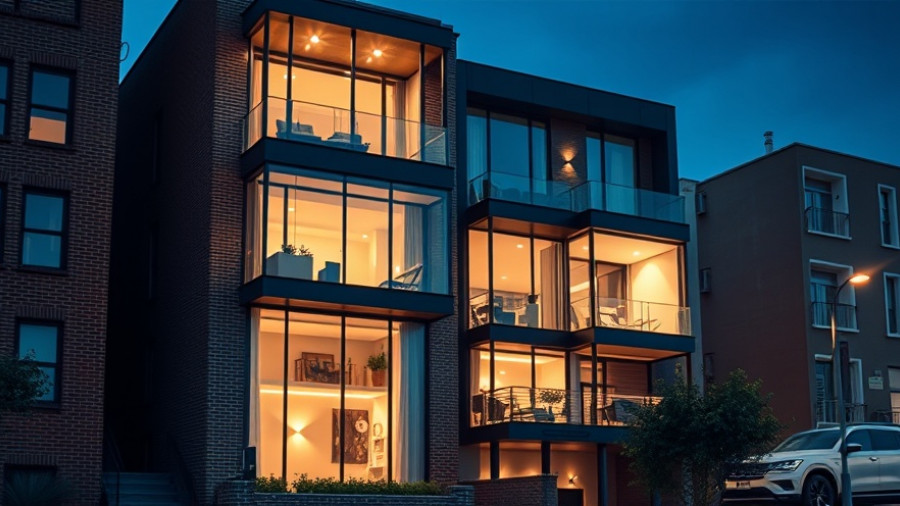 Modern luxury townhouse at night with glass facade