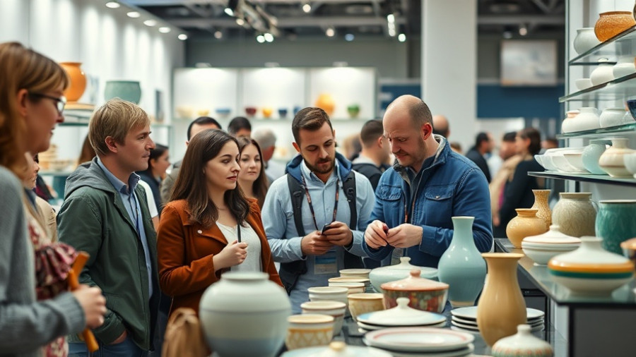 Canton Fair attendees examining ceramics, showcasing industry resilience.