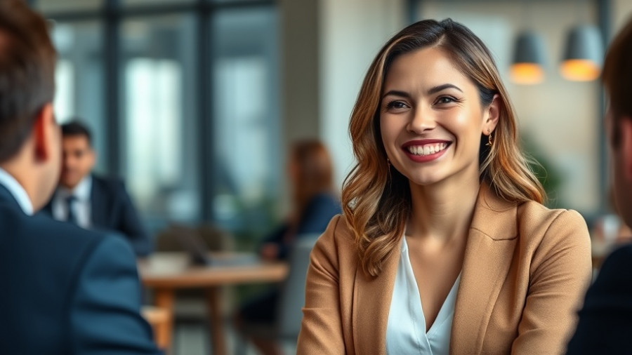 Professional woman smiling at a meeting, discussing company registration.