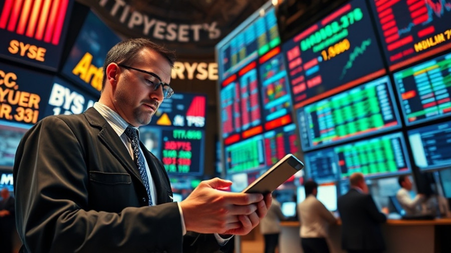 Trader on stock exchange floor using tablet amidst AI-fueled stock market growth.