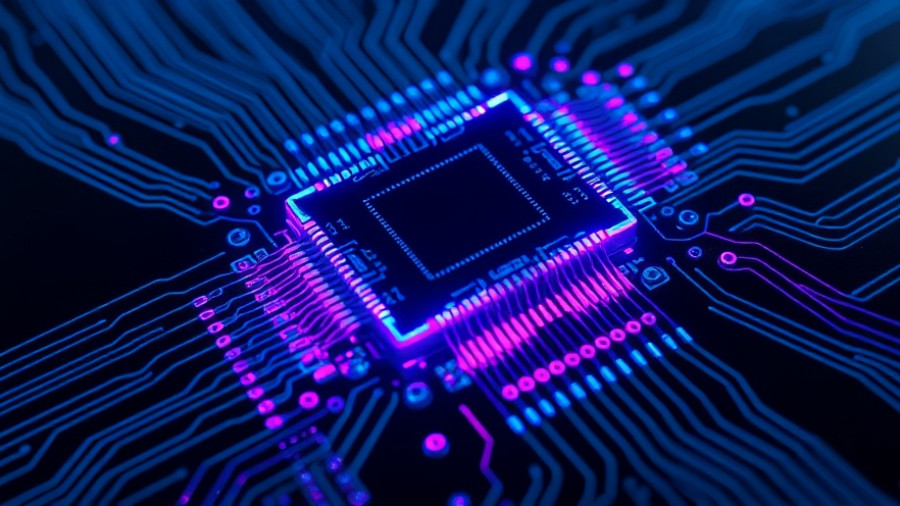 Futuristic microchip with glowing circuits, AI technology