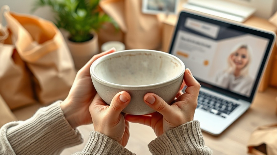 Selling handmade on Amazon with a ceramic bowl in cozy workspace.