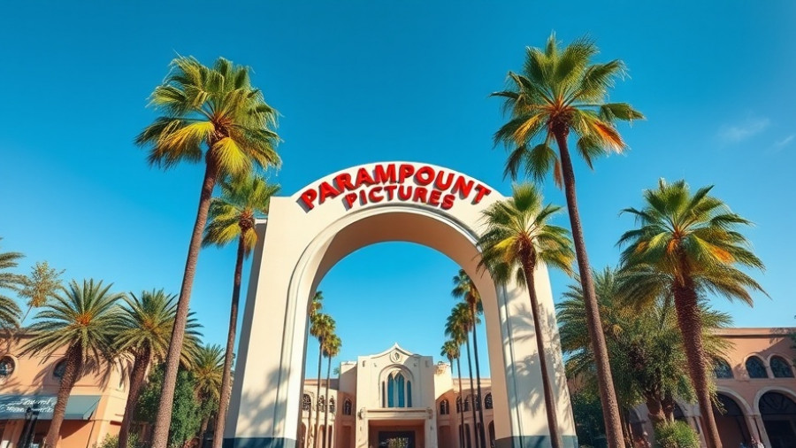 Paramount Pictures entrance with palm trees on a sunny day.