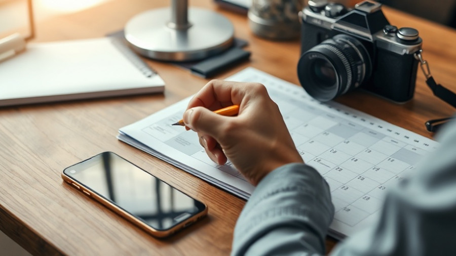 Close-up of a calendar with phone and camera, essential planning tools.