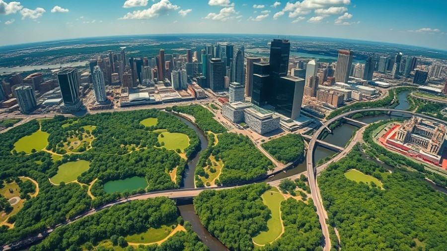 Aerial view of Houston skyline and parks, highlighting economic mobility.