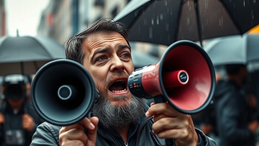 Minimum wage protest in New York City, man speaks in rain.