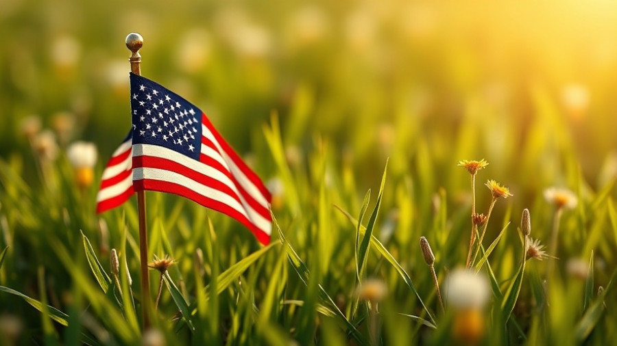 Miniature flag in a sunlit field for Veterans Day messages.