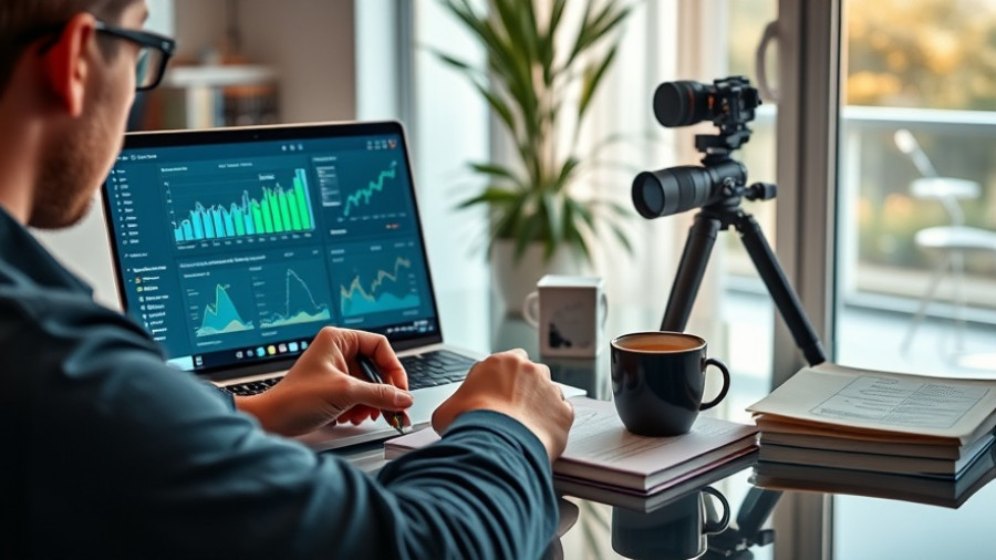 Person producing high-quality web videos, analyzing streaming metrics on a laptop.