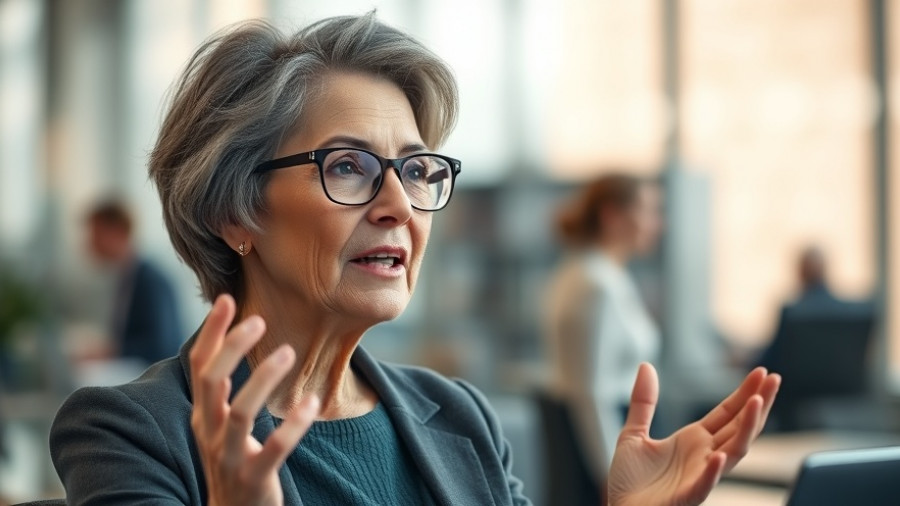 Mature woman in glasses discussing intellectual humility in leadership.