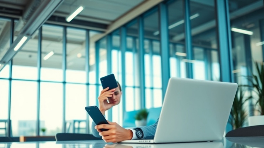 Young professional multitasking in a bright office, focusing on employee productivity and side gigs.