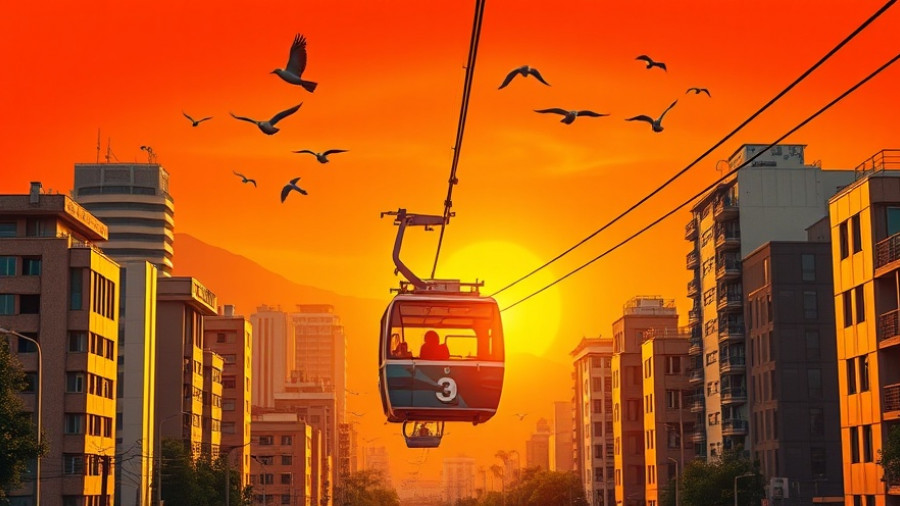 Medellín Metrocable urban mobility graphic over cityscape.