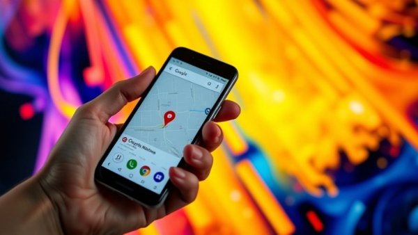 Hand holding smartphone with Google Maps on colorful background.