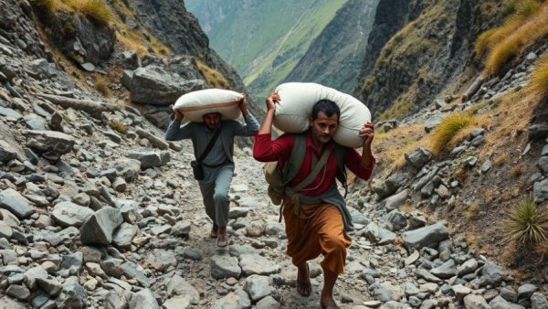 Cobalt mining in the Congo: workers on steep mountain.